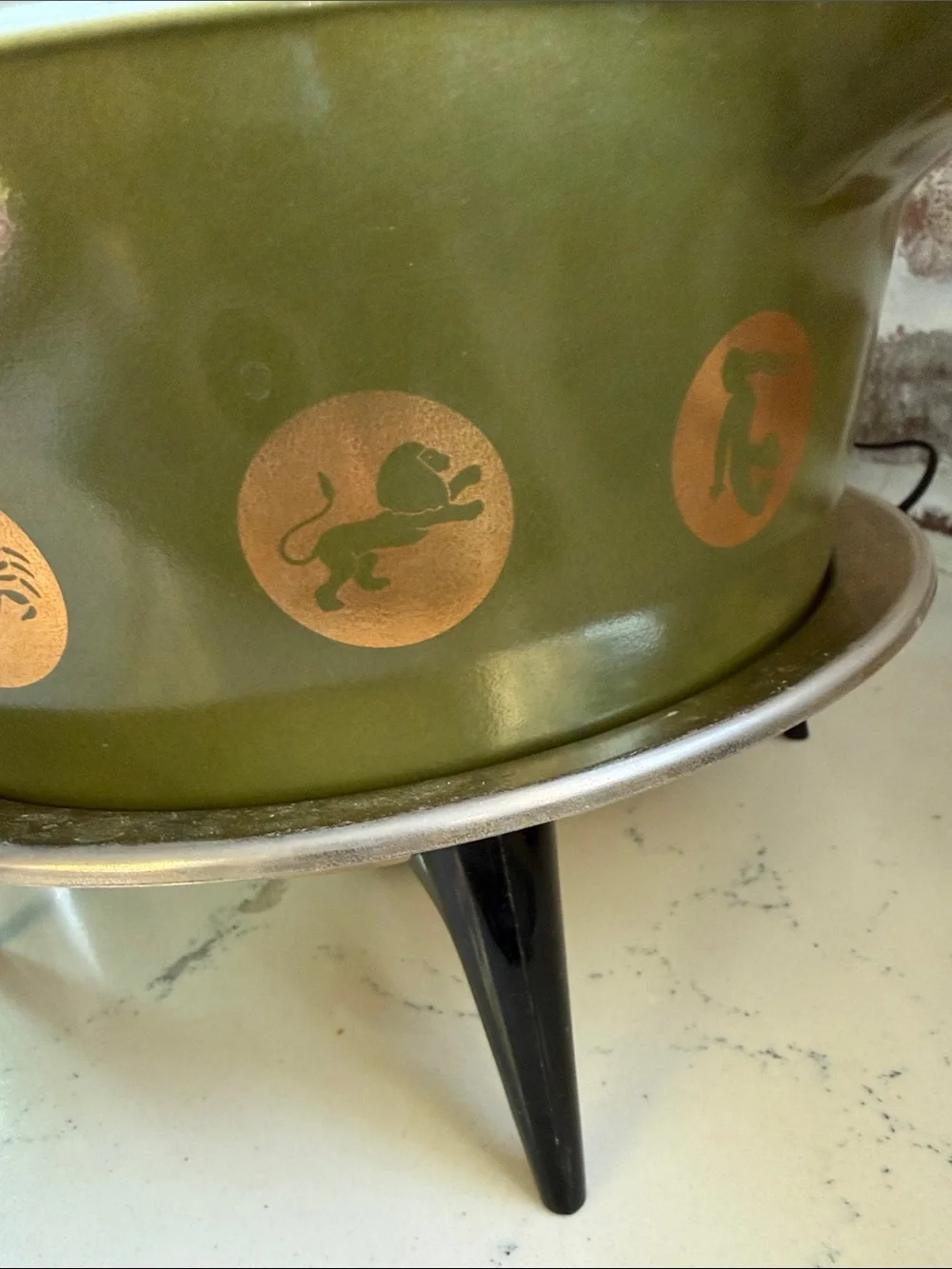 Olive Green Glass Casserole Dish with Lid - Zodiac Gold Motif Pyrex 1961